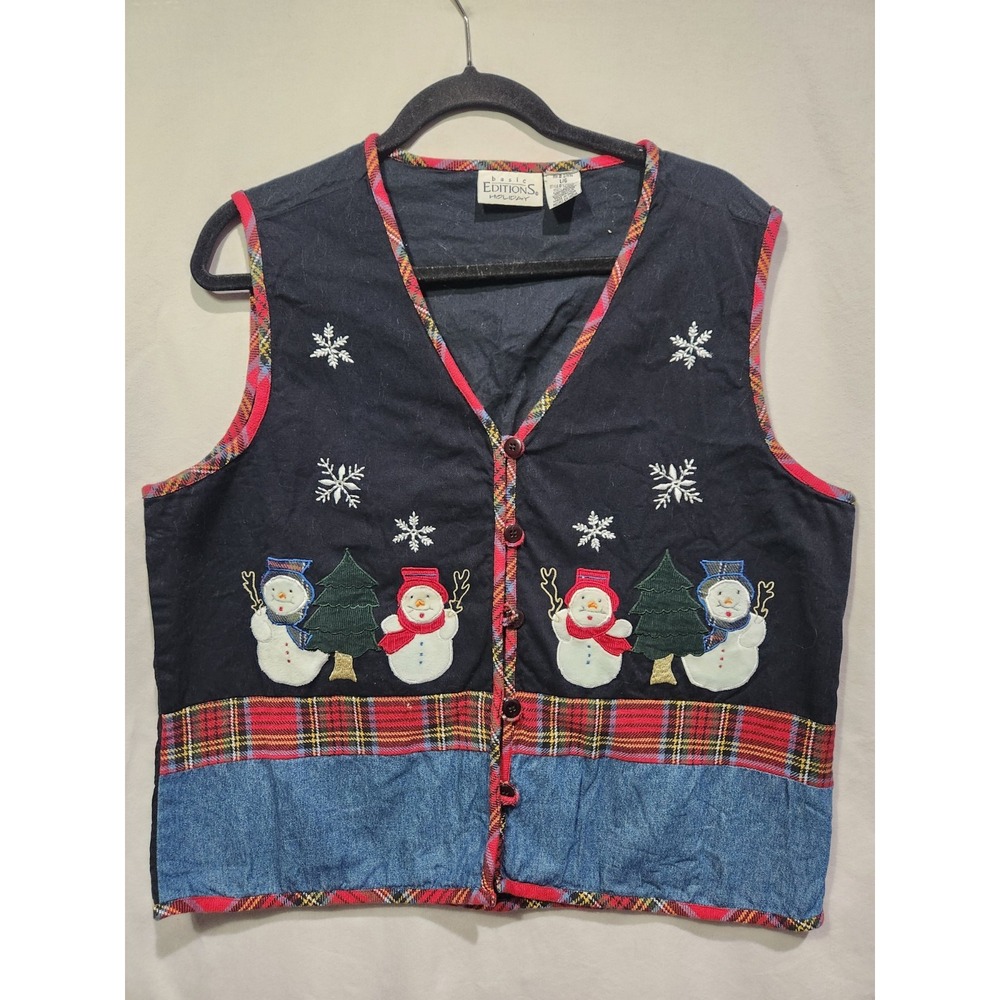 EBasics Editions Holiday Christmas Snowman Button Up Vest Plaid Piping Large